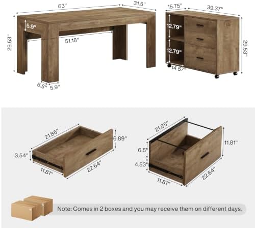 Tribesigns 63" L Shaped Desk with File Cabinet, Large Executive Office Desk with Rolling Filing Cabinet, Long Computer Table with Drawers and Shelves, Business Furniture Set for Home Office, Brown - Image 2