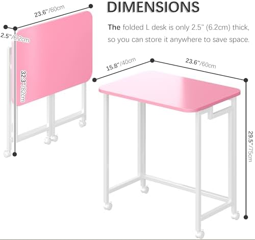 4NM 23.6" Mobile Small Rolling Computer Desk, Folding Laptop Cart Table with Wheels, Portable Office Desk for Small Space Couch Bed - Pink and White - Image 2