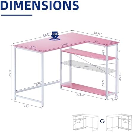 Pamray 43 Inch L Shaped Computer Desk with Reversible Side Storage Shelves, Small Corner Desk for Small Space Home Office,Writing Study Table PC Desk for Bedroom,Pink with White Leg - Image 3