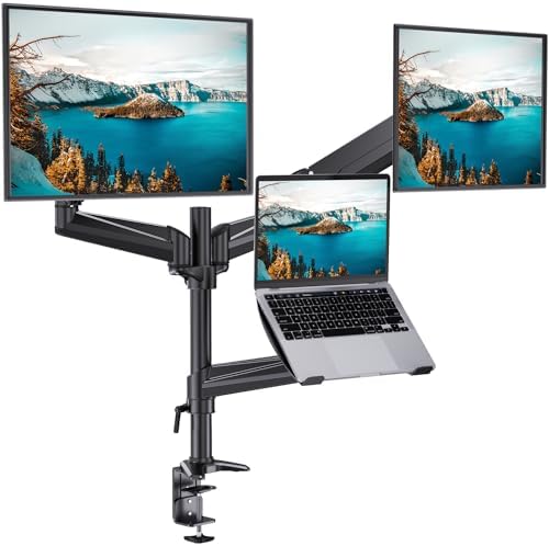 HUANUO Dual Monitor and Laptop Mount for Max 32” Monitor and 17” Laptop, Adjustable Arm with Tilt, Swivel and Rotation, Dual Monitor and Notebook Stand with VESA Bracket 75/100 mm by HUANUO