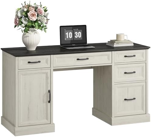 CARPETNAL 58'' Farmhouse Executive Desk with Drawers, Home Office Desk with File Drawer and Storage Cabinet, Rustic Computer Desk for Working, Studying, Writing, White - Image 3
