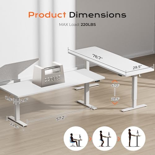Huuger 78.7'' x 29.5'' Large Electric Standing Desk, Height Adjustable Computer Desk, 29.5" Deep Desktop, Stand up Gaming Office Desk with 2 Hooks, 3 Preset Heights, for Home Office, White - Image 2