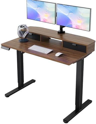 HUANUO 40" X 24" Electric Standing Desk with 2 Drawers, C-Clamp Mount Compatible, Height Adjustable Computer Desk, Home Office Stand Up Desk with 4 Preset Heights & 2 Hooks, Walnut by HUANUO