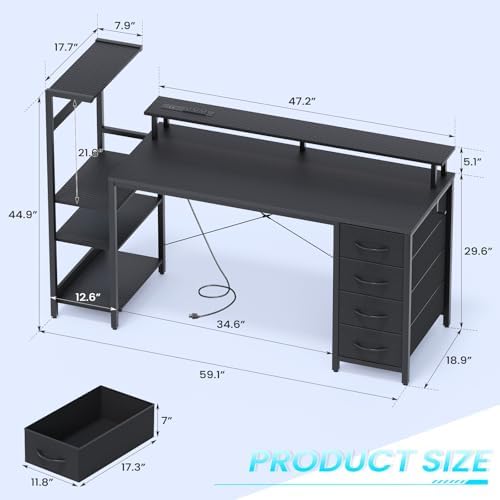 59in Gaming Computer Desk with Drawers & Power Outlet & LED Lights, Black - Image 3