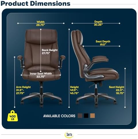 Serta Big and Tall Office Chair with Lumbar Support, Flip Arm Leather Chair - Image 3