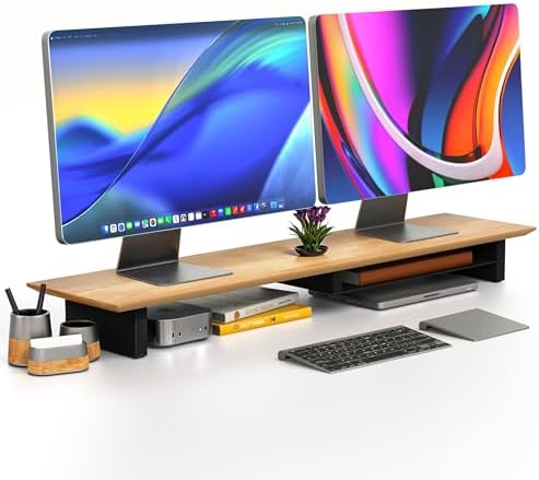 COREMINDED Solid Wood Dual Monitor Stand Riser, 42 Inch Oak Desk Shelf by COREMINDED