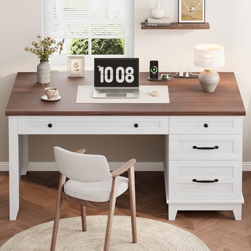 53.5" Executive Desk with Power Outlet, Home Office Desk with Drawers, Wooden Work Desk with File Cabinet, Computer Desk for Work, Study, Writing, White and Brown - Image 3