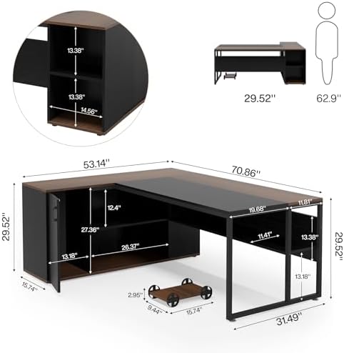 Tribesigns 71 inch Executive Desk, L Shaped Desk with Cabinet Storage, Executive Office Desk with Shelves, Business Furniture Workstation for Home Office, Black and Brown - Image 2