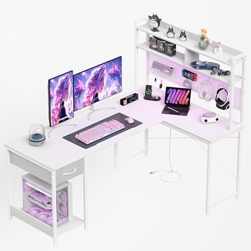Apicizon L Shaped Gaming Desk 53" with Hutch, LED Light and Drawer by APICIZON