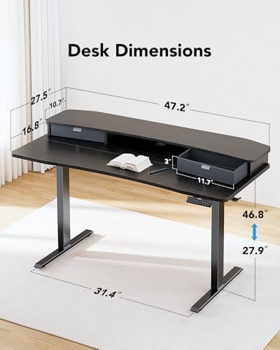 HUANUO 48″ x 28″ Electric Standing Desk with 2 Drawers, C-Clamp Mount Compatible, Height Adjustable Computer Desk, Home Office Stand Up Desk with 4 Preset Heights & 2 Hooks, Black - Image 3