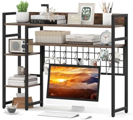 Tangkula Desktop Bookshelf for Computer Monitor Up to 32”, Countertop Storage Hutch with 4 Open Shelves, Grid Panel, 6 Hooks, Anti-tip Device, 4-Tier Desktop Shelves for Home Office Dorm, Rustic Brown by TANGKULA