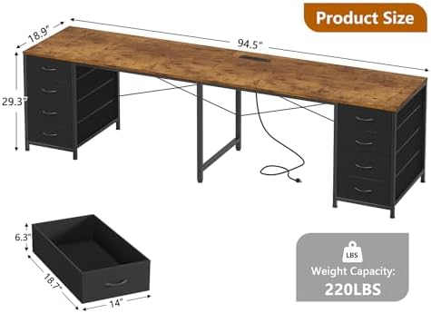 95" 2 Person Desk with 8 Fabric Drawers for Home Office, Living Room - Image 2