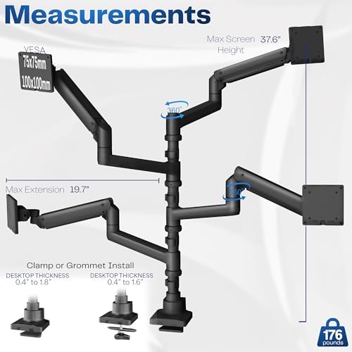 VIVO Pneumatic Arm Quad Ultrawide Monitor Extra Tall Desk Mount for Up to 49 inch Screens Individual Arm Capacity, Max 38 inch Screens for 4 Ultra Wides Up to 44 lbs, Black, STAND-V400D - Image 3