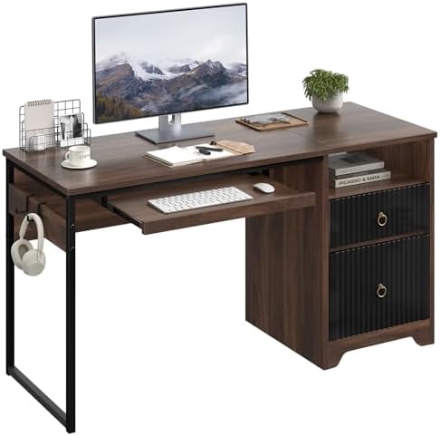 Bestier 55 Inch Wood Computer Desk with File Drawer & Keyboard Tray, Cherry by Bestier
