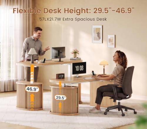 SEDETA 57" Standing Desk with Storage, Electric Height Adjustable Executive Fluted Desk with Curved Cabinets, Computer Desk with Power Strip for Home Office, Light Oak - Image 4