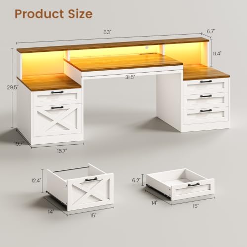 SEDETA 63" Farmhouse Office Desk with 5 Drawers, White and Brown - Image 2