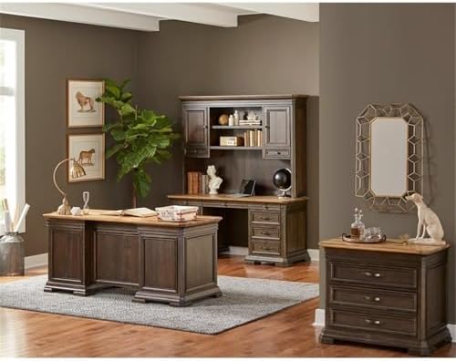 Pemberly Row Executive Desk, 60”W x 28”D x 30”H, Solid Wood Plank Top, Brown Finish, Double Pedestal Design, Dropfront Keyboard Drawer, Locking File Drawers, Antique Bronze Hardware, Home Office Desk - Image 2