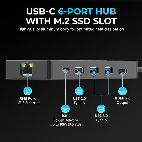SABRENT USB-C 6-Port Hub & M.2 SSD Dock, 4K HDMI, 90W PD (HB-6PNV) - Image 2