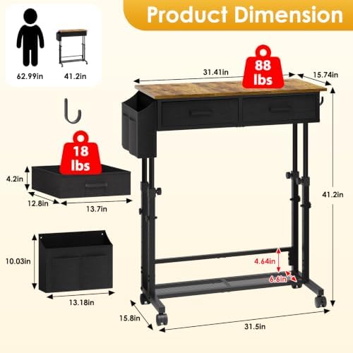 Small Rolling Standing Desk, Height Adjustable Mobile Sturdy Desk with 2 Fabric Drawers & Storage Shelf, Portable Sofa Side Laptop Table for Home Office, Small Spaces, 31.41"" x 15.74"", Rustic Brown - Image 2