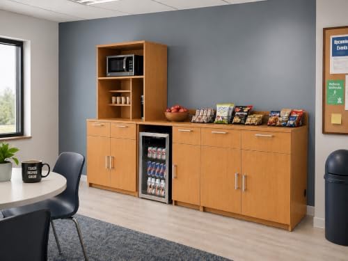 BREAKtime Breakroom Kitchenette Cabinet with 4-Door Storage, Mini Fridge Space & Upper Hutch, Microwave Space, Fully Assembled, 90" W x 24" D x 75" H, Appliances Not Included, Beech - Image 2
