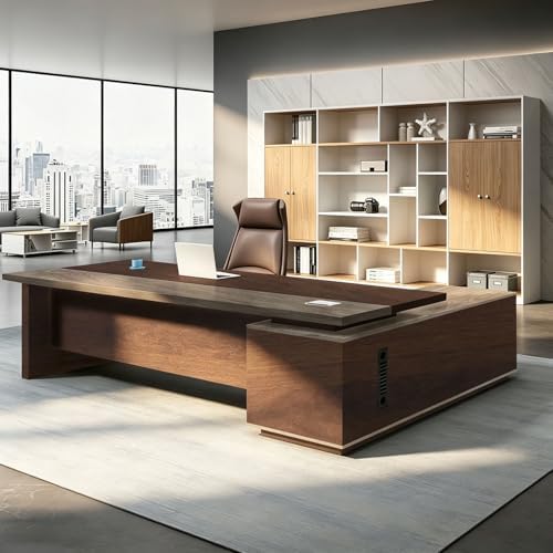L Shaped Executive Desk with Drawers, Large Office Desk with Storage Cabinet, Wood L Shape Desk for Home Office or Business Workspace, Left or Right Cabinet Option, Multiple Sizes & Colors by Unknown
