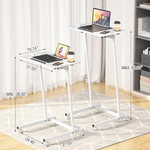 Eocnrhe Treadmill Desk, Mobile Small Standing Desk with Wheels for Walking Pad, Portable Table for Laptop, Rolling Table Adjustable Height, Bedside Table，White - Image 3