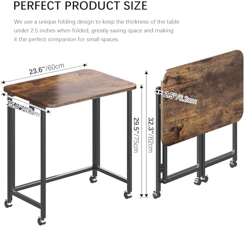 JSB Folding Desk for Small Spaces,Mobile Portable Rolling Laptop PC Table on Wheels,Foldable Computer Desk for Home Office,Bedroom,Dorm,Space Saving (Rustic & Brown, 23.6") - Image 4