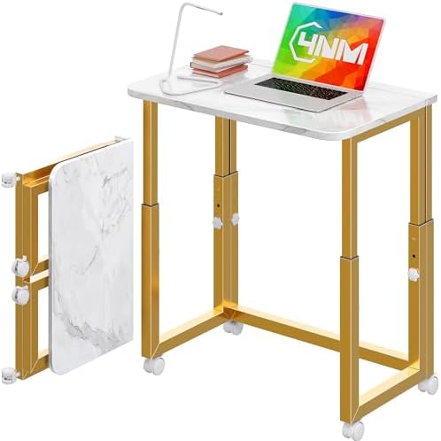 4NM No Tool Assembly 23.6" Small Desk, Folding Portable Desk with Wheels, Adjustable Height Foldable Computer Home Office Desks, Collapsible Study Writing Table for Space Saving Bedroom - White Gold by 4NM