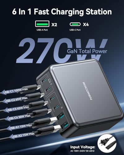Rocoren 270W GaN 6‑Port Charging Station,100W PD Fast USB‑C Charger Dock - Image 2