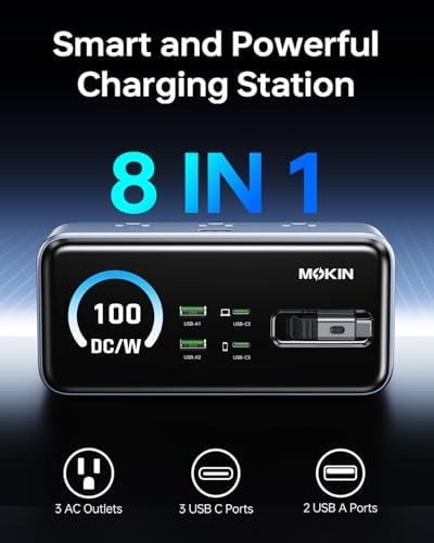 MOKiN 8-in-1 Charging Station 100W GaN, Fast Desktop Charging Station with 3 AC, 3 USB-C, 2 USB-A, USB-C Power Strip with 3ft Retractable Cable Charger Stations for iPhone 17,MacBook Pro, Laptop etc. - Image 2