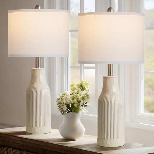 24.5" Ceramic Table Lamps Set of 2, Modern Farmhouse Bedside Lamps for Bedroom Nightstand, Small Table Lamp for Living Room End Table, Beige (2 LED Bulbs Included) by Luxeflow