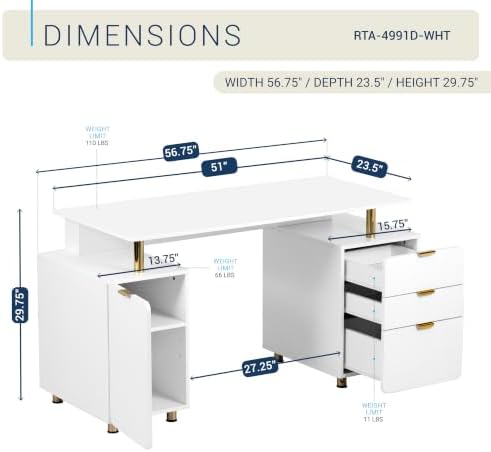 Techni Mobili 57"W Computer Desk w/ 3 Drawers & Storage Cabinet, White/Gold - Image 3