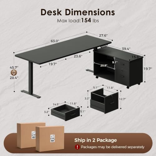 OffiGo 63 Inch L Shaped Electric Standing Desk with Cabinet Sets, Black - Image 2
