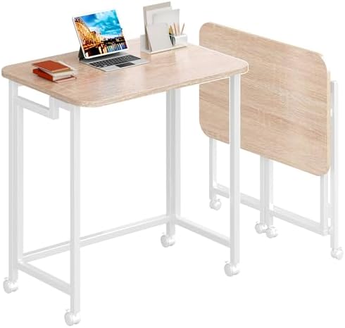 4NM 23.6" Mobile Small Rolling Computer Desk, Folding Laptop Cart Table with Wheels, Portable Office Desk for Small Space Couch Bed - Natural and White by 4NM