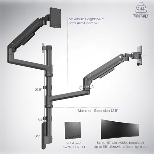 VIVO Pneumatic Arm Dual Ultrawide Monitor Wall Mount for Up to 49 inch Screens, Holds 2 Ultra Wides Up to 33.5 lbs Each, Black, MOUNT-V120K - Image 3