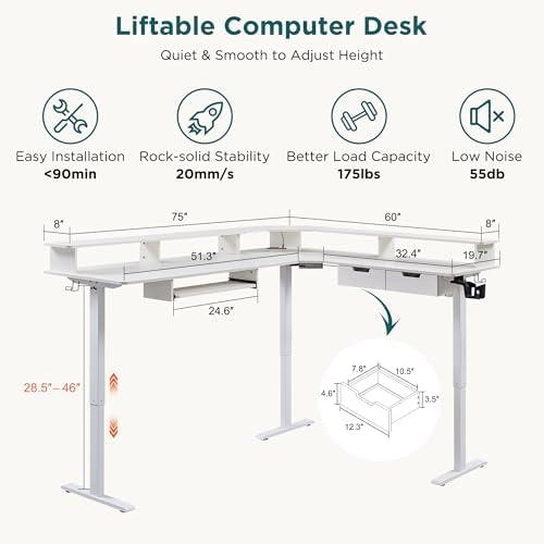 RedLemon 75x60 Inches L Shaped Electric Standing Desk 2 Tier, Antique White - Image 2