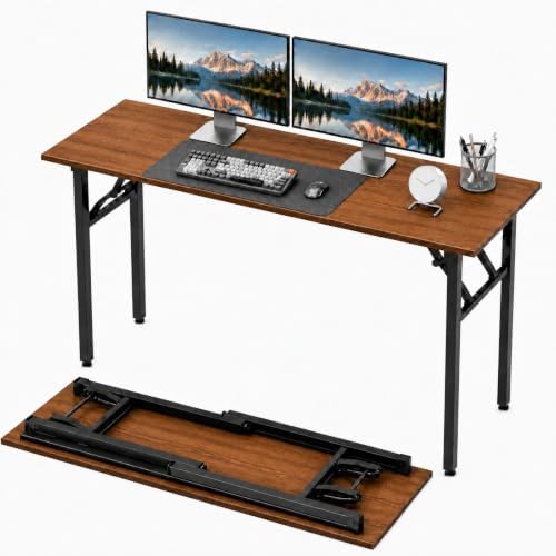 Folding Table Computer Desk - 55.1" No Assembly Folding Desk Design and Foldable Office Desk, Small Desk for Bedroom, Compact Storage Portable Use for Dorm and RV Small Space, Dark Walnut by HMFOR