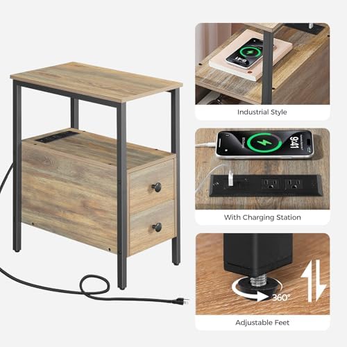 HOOBRO End Table with Charging Station, Narrow Side Table with 2 Drawer & USB Ports & Power Outlets, Nightstand for Small Spaces, for Living Room, Bedroom, Sapphire Brown UC541BZ01 - Image 6