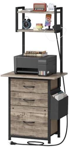 HIGDBFE 3 Drawer File Cabinet with Charging Station, 49''H Tall, 3-Tier Small Filing Cabinet for Home Office, 20''*15'' for Small Printer, Fabric Drawer, Printer Stand, Grey by HIGDBFE