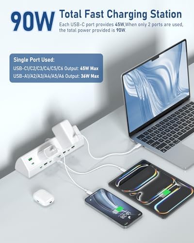 Jgstkcity 90W Desk Clamp Power Strip,12 USB Ports (6 PD 45W USB-C),Surge Protector,ETL Listed Power Hub Extension Cord,Fast Charging Station for Home Office Desk Edge Mount (White, 12 USB-90W) - Image 3