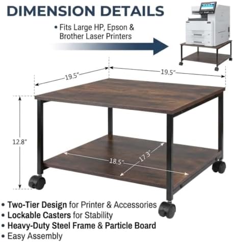 2-Tier Under Desk Printer Stand, 19.5" x 19.5" Large Rolling Printer Cart - Image 4