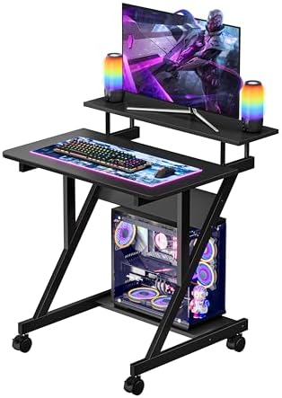Dripex Computer Desk for Small Spaces, 27.5 inch Small Computer Desk, 3 Tier Compact Desk with Monitor Shelf and Bottom Storage Shelves, Space Saving Desk, Black by Dripex