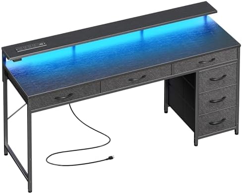 Huuger Gaming Desk with 6 Drawers, Computer Desk with LED Lights Power Outlets and Type-C, 55 Inch Office Desk with Storage, Monitor Stand, Writing Desk Work Desk Home Office, Bedroom, Black, 1CD102B by Huuger
