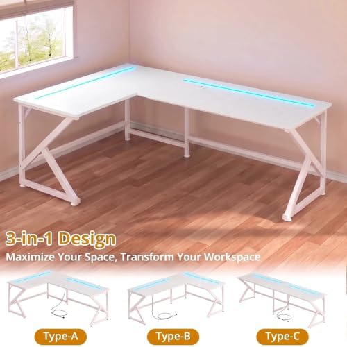 43.3'' L Shaped Gaming Desk with LED Lights & Power Outlets, White Desk - Image 6