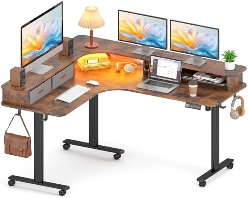 2-Tier L Shaped Electric Standing Desk with Drawers, 63 x 55 Height Adjustable Desk with Memory Controller, Storage, Corner Desk Sit Stand up Computer Table for Home Office,Rustic Brown by Unknown