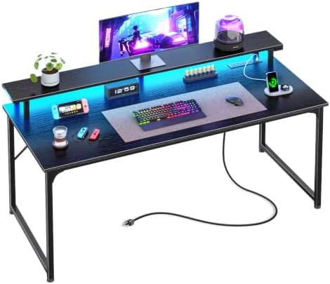 PRAISUN 48 inch Gaming Desk, LED & Power Outlets, Monitor Stand, Black by PRAISUN