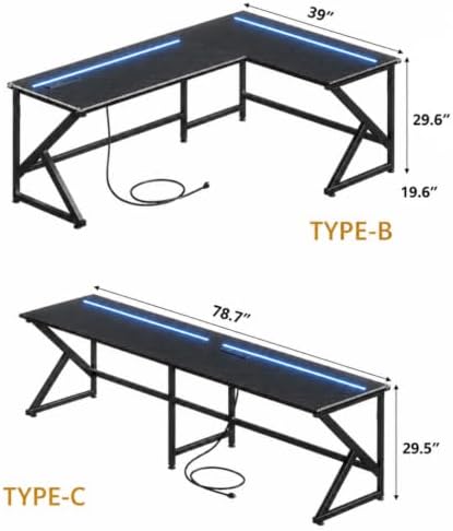 39.4'' L Shaped Gaming Desk with LED Lights & Power Outlets, Black Desk - Image 3