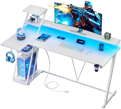 Korfile 55 Inch White Gaming Desk with LED Lights & Power Outlet, Gaming Computer Desk with Storage Shelves, L Shaped Gamer Workstations with Monitor Stand for Bedroom by Korfile