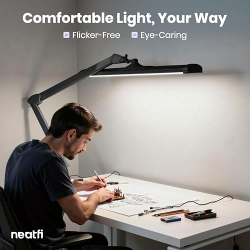 Neatfi 3,500 Lumens LED Desk Lamp – 45W Dimmable Task Light | Adjustable Color Temperature | 3 Light Modes | 540 SMD LEDs | Reading, Craft, Workbench & Office (Black-CCT, 26-Inch Wide Shade) - Image 4