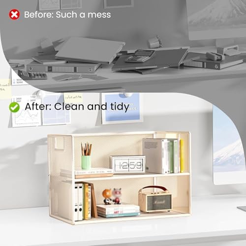 Mesh Metal Dorm Desk Hutch with Handle,Desktop Bookshelf Organizer,Office File Paper Tray Organizer for Home Office,School Supplies(15.7" W x 6.3" D x 19.6" H, Black Wood 4 Tier) - Image 3